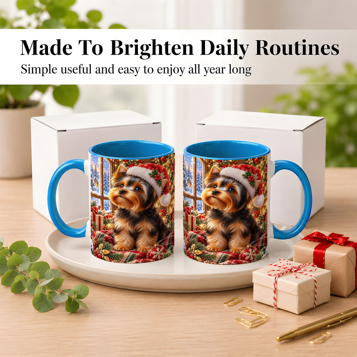 #pl[11oz|Blue] Yorkshire Terrier Santa Coffee Mug, Cozy Christmas Dog Mug, Ceramic Cup