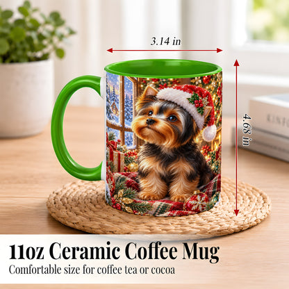 #pl[11oz|Green] Yorkshire Terrier Santa Coffee Mug, Cozy Christmas Dog Mug, Ceramic Cup