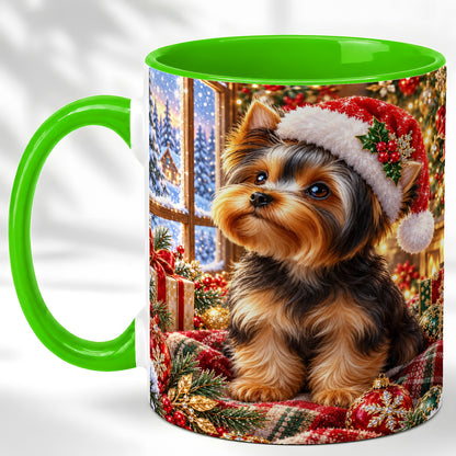 #pl[11oz|Green] Yorkshire Terrier Santa Coffee Mug, Cozy Christmas Dog Mug, Ceramic Cup