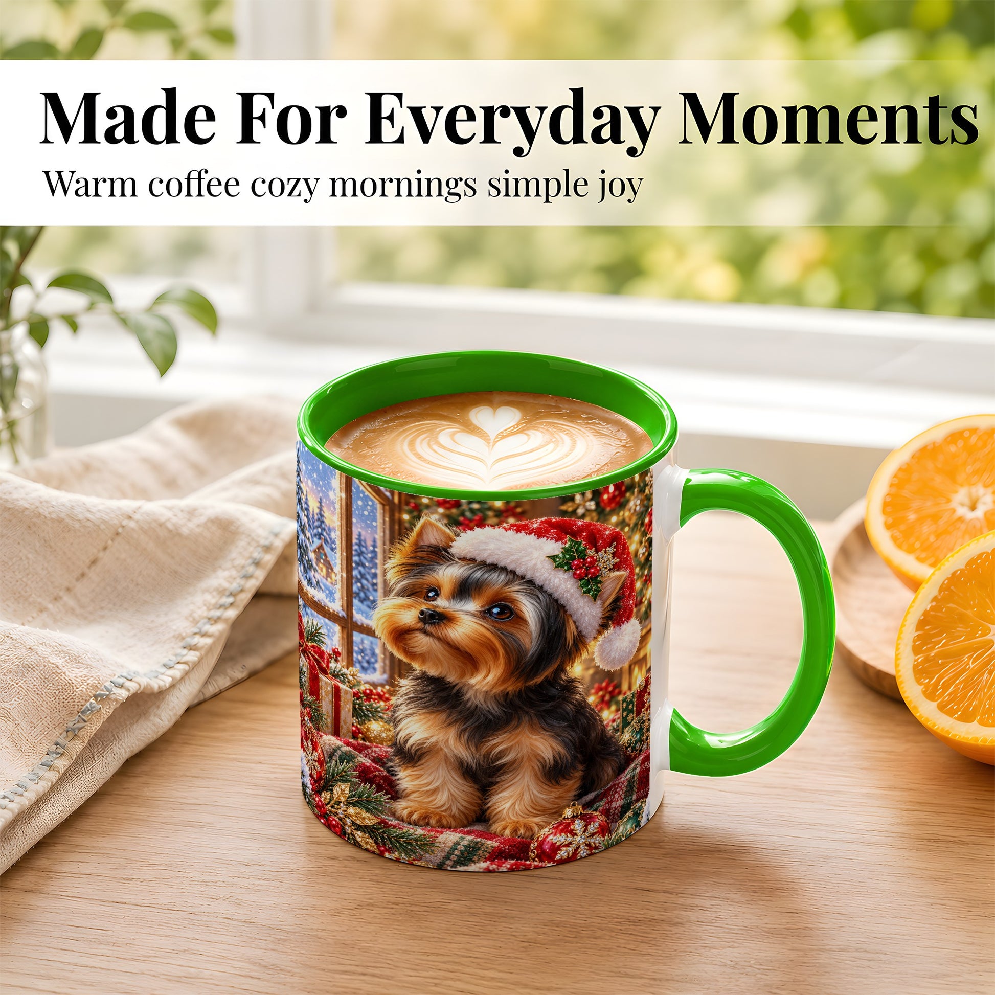 #pl[11oz|Green] Yorkshire Terrier Santa Coffee Mug, Cozy Christmas Dog Mug, Ceramic Cup