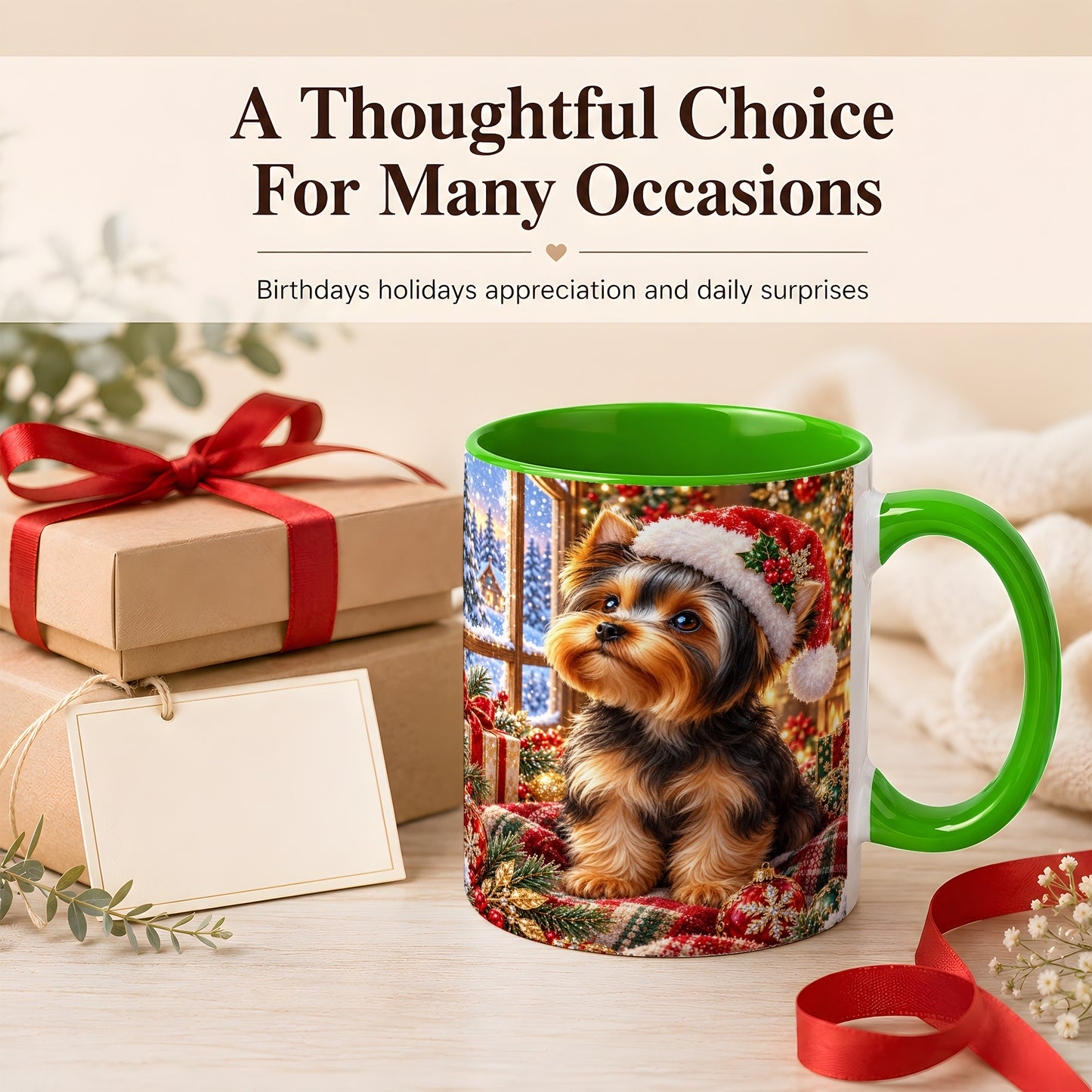 #pl[11oz|Green] Yorkshire Terrier Santa Coffee Mug, Cozy Christmas Dog Mug, Ceramic Cup