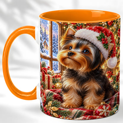 #pl[11oz|Orange] Yorkshire Terrier Santa Coffee Mug, Cozy Christmas Dog Mug, Ceramic Cup