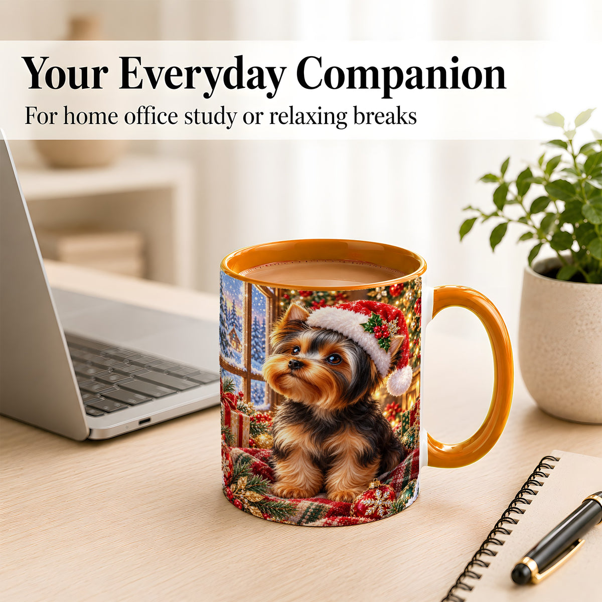 #pl[11oz|Orange] Yorkshire Terrier Santa Coffee Mug, Cozy Christmas Dog Mug, Ceramic Cup