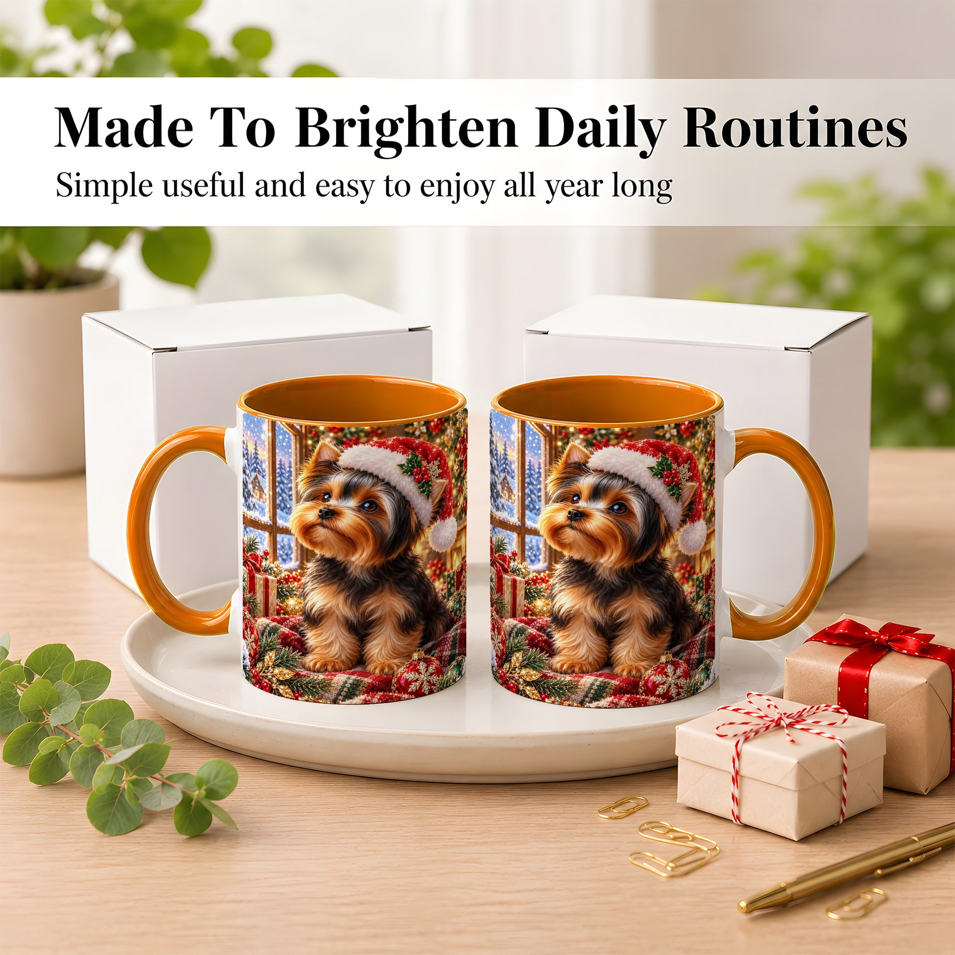 #pl[11oz|Orange] Yorkshire Terrier Santa Coffee Mug, Cozy Christmas Dog Mug, Ceramic Cup