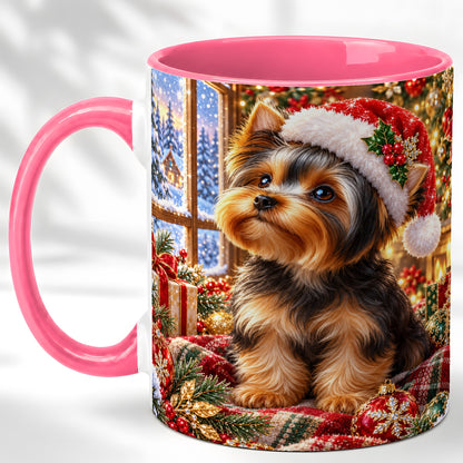 #pl[11oz|Pink] Yorkshire Terrier Santa Coffee Mug, Cozy Christmas Dog Mug, Ceramic Cup