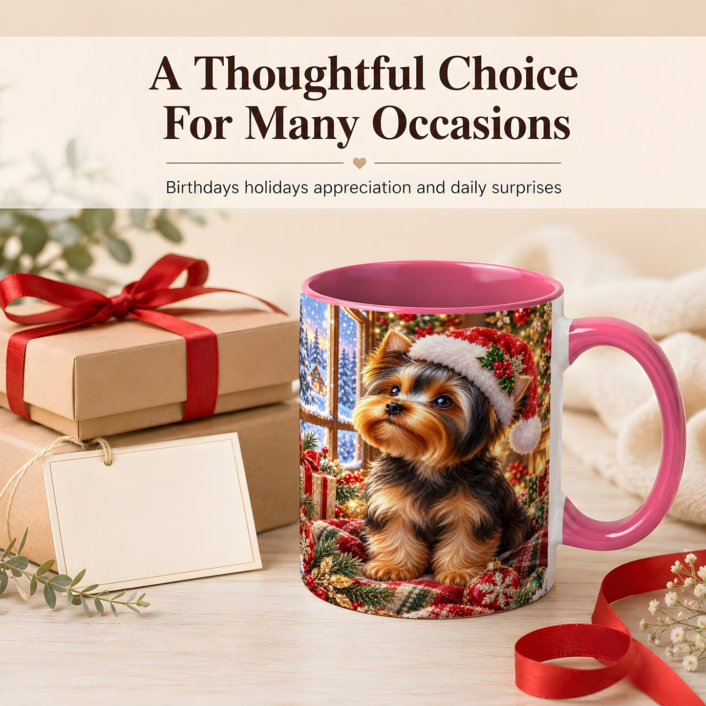 #pl[11oz|Pink] Yorkshire Terrier Santa Coffee Mug, Cozy Christmas Dog Mug, Ceramic Cup