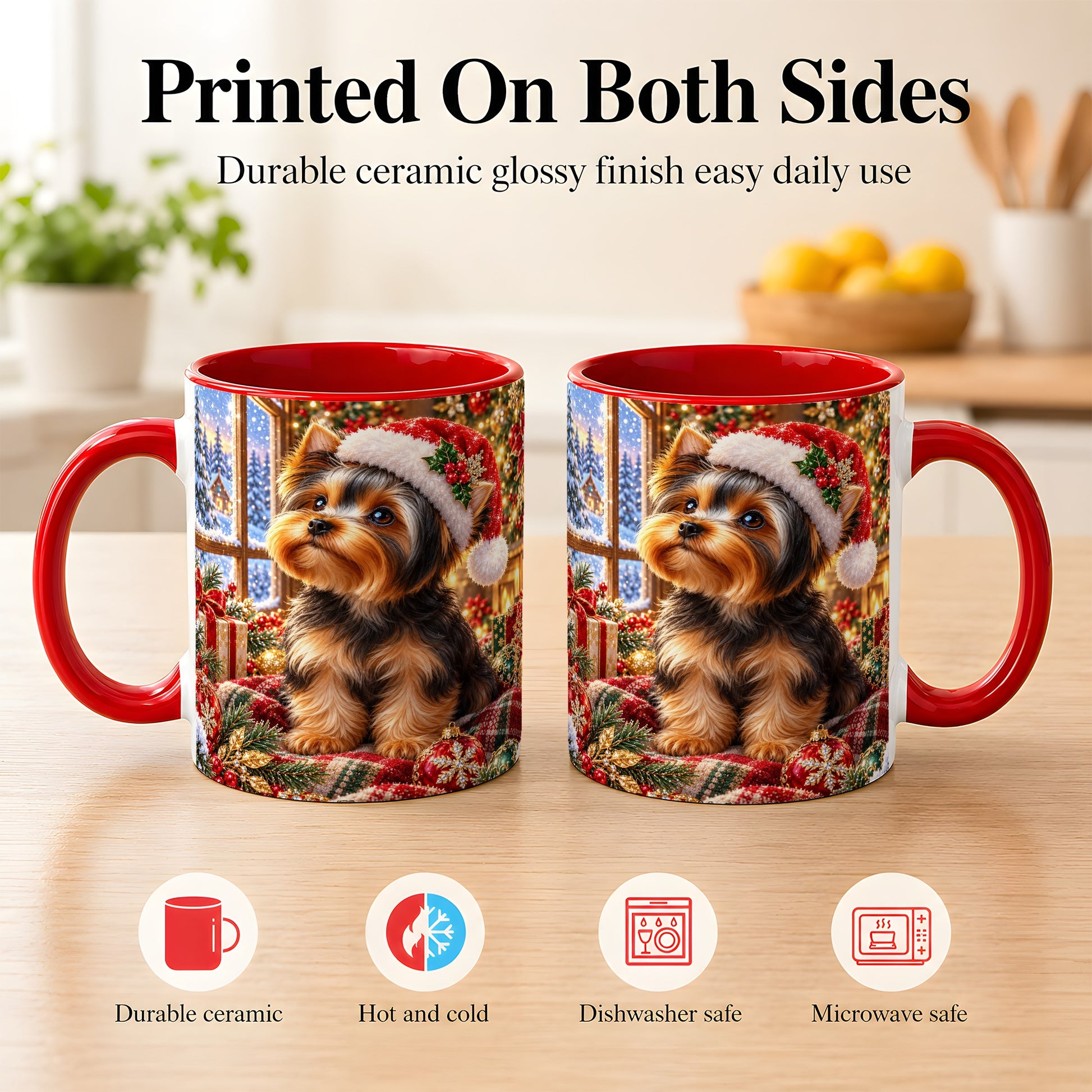 #pl[11oz|Red] Yorkshire Terrier Santa Coffee Mug, Cozy Christmas Dog Mug, Ceramic Cup
