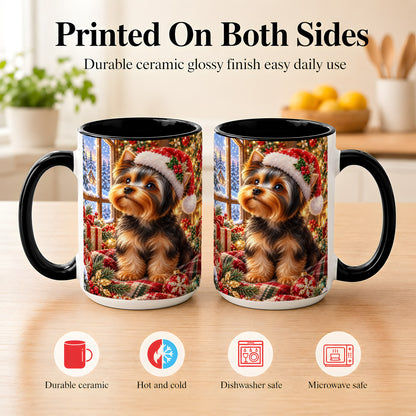 #pl[15oz|Black] Yorkshire Terrier Santa Coffee Mug, Cozy Christmas Dog Mug, Ceramic Cup