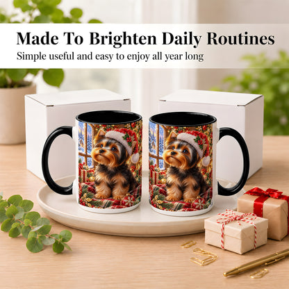 #pl[15oz|Black] Yorkshire Terrier Santa Coffee Mug, Cozy Christmas Dog Mug, Ceramic Cup