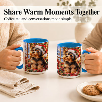 #pl[15oz|Blue] Yorkshire Terrier Santa Coffee Mug, Cozy Christmas Dog Mug, Ceramic Cup