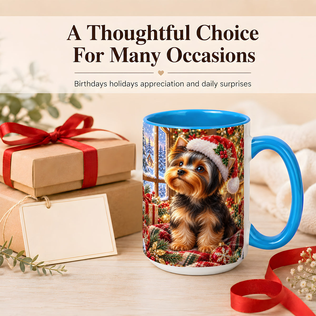 #pl[15oz|Blue] Yorkshire Terrier Santa Coffee Mug, Cozy Christmas Dog Mug, Ceramic Cup