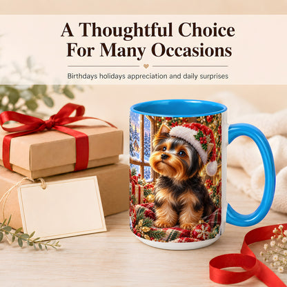 #pl[15oz|Blue] Yorkshire Terrier Santa Coffee Mug, Cozy Christmas Dog Mug, Ceramic Cup