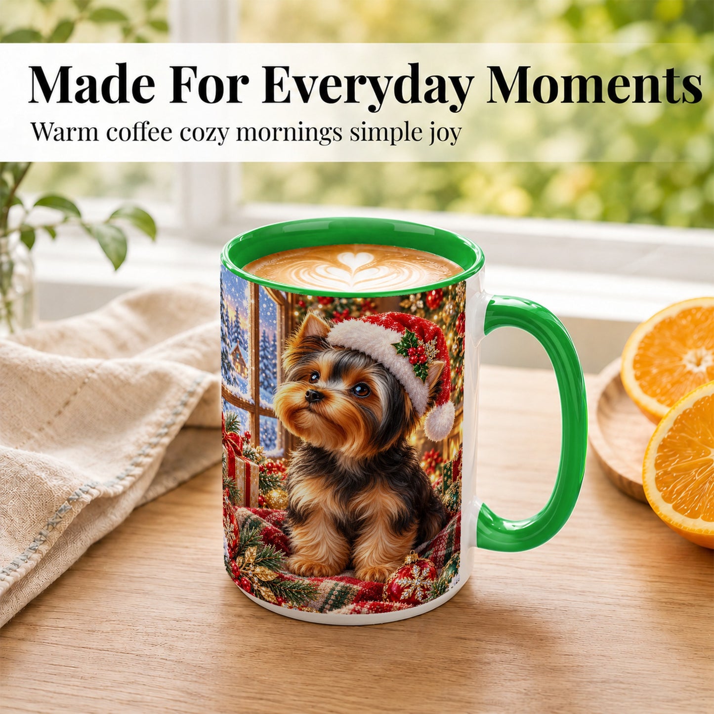 #pl[15oz|Green] Yorkshire Terrier Santa Coffee Mug, Cozy Christmas Dog Mug, Ceramic Cup