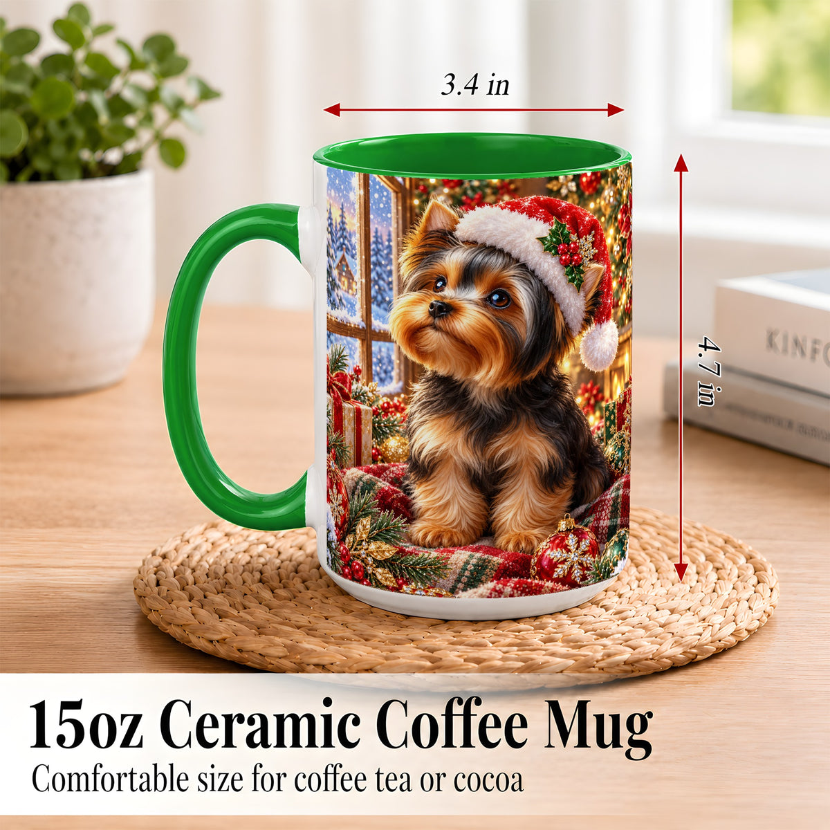 #pl[15oz|Green] Yorkshire Terrier Santa Coffee Mug, Cozy Christmas Dog Mug, Ceramic Cup