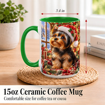 #pl[15oz|Green] Yorkshire Terrier Santa Coffee Mug, Cozy Christmas Dog Mug, Ceramic Cup