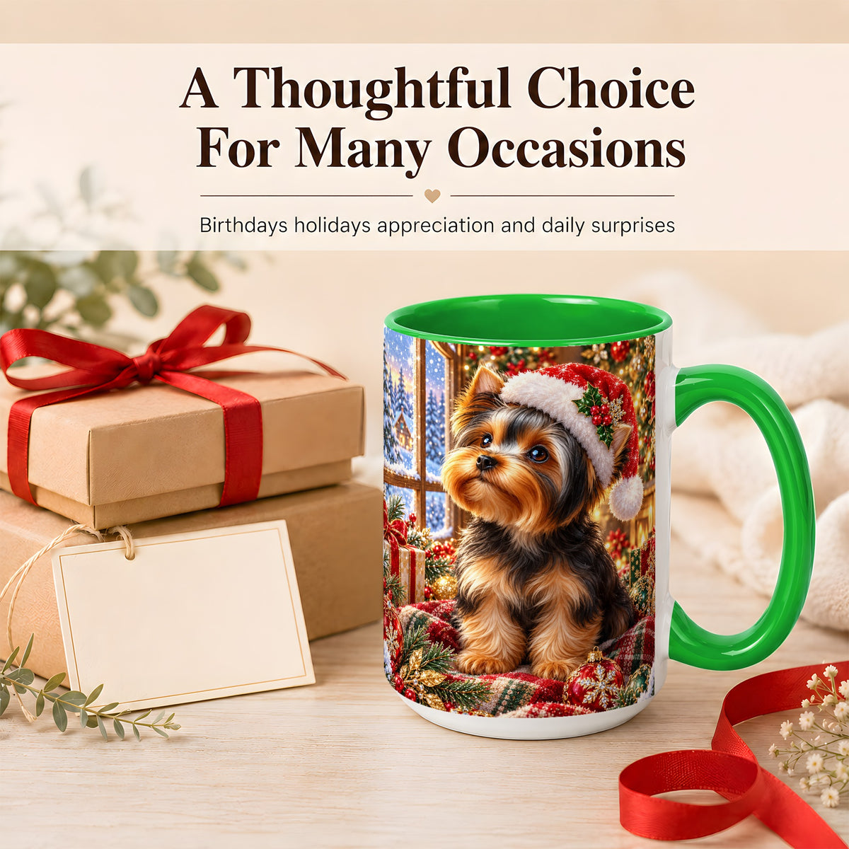 #pl[15oz|Green] Yorkshire Terrier Santa Coffee Mug, Cozy Christmas Dog Mug, Ceramic Cup