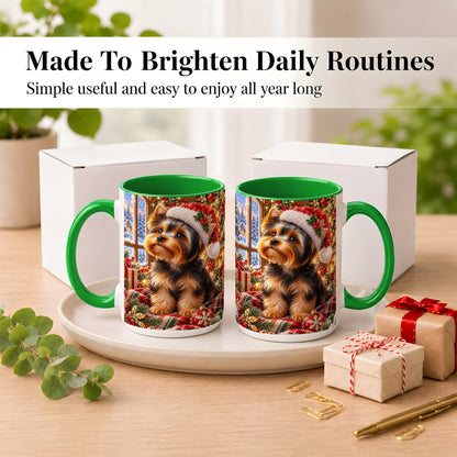 #pl[15oz|Green] Yorkshire Terrier Santa Coffee Mug, Cozy Christmas Dog Mug, Ceramic Cup
