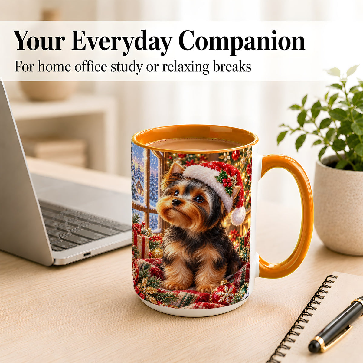 #pl[15oz|Orange] Yorkshire Terrier Santa Coffee Mug, Cozy Christmas Dog Mug, Ceramic Cup