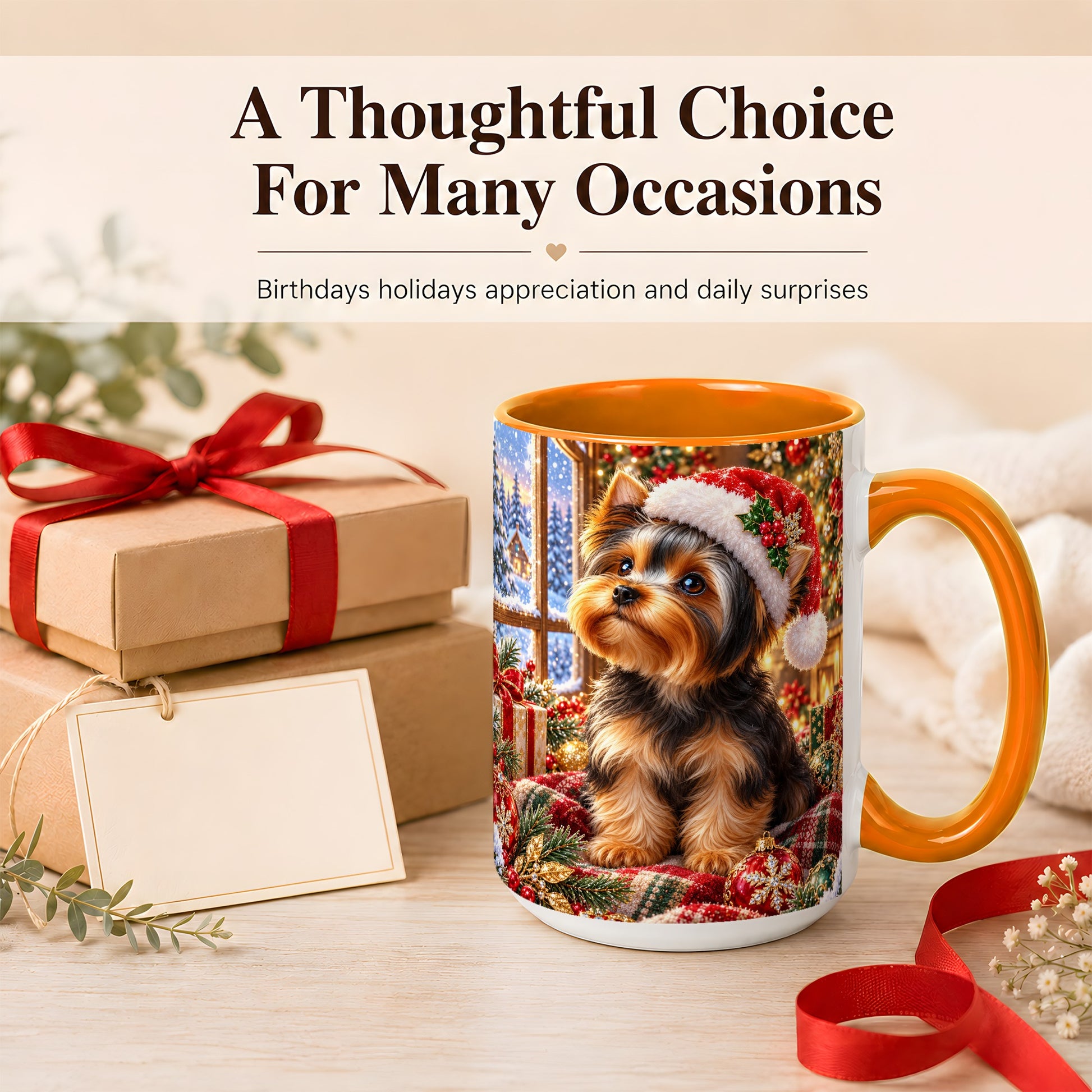 #pl[15oz|Orange] Yorkshire Terrier Santa Coffee Mug, Cozy Christmas Dog Mug, Ceramic Cup