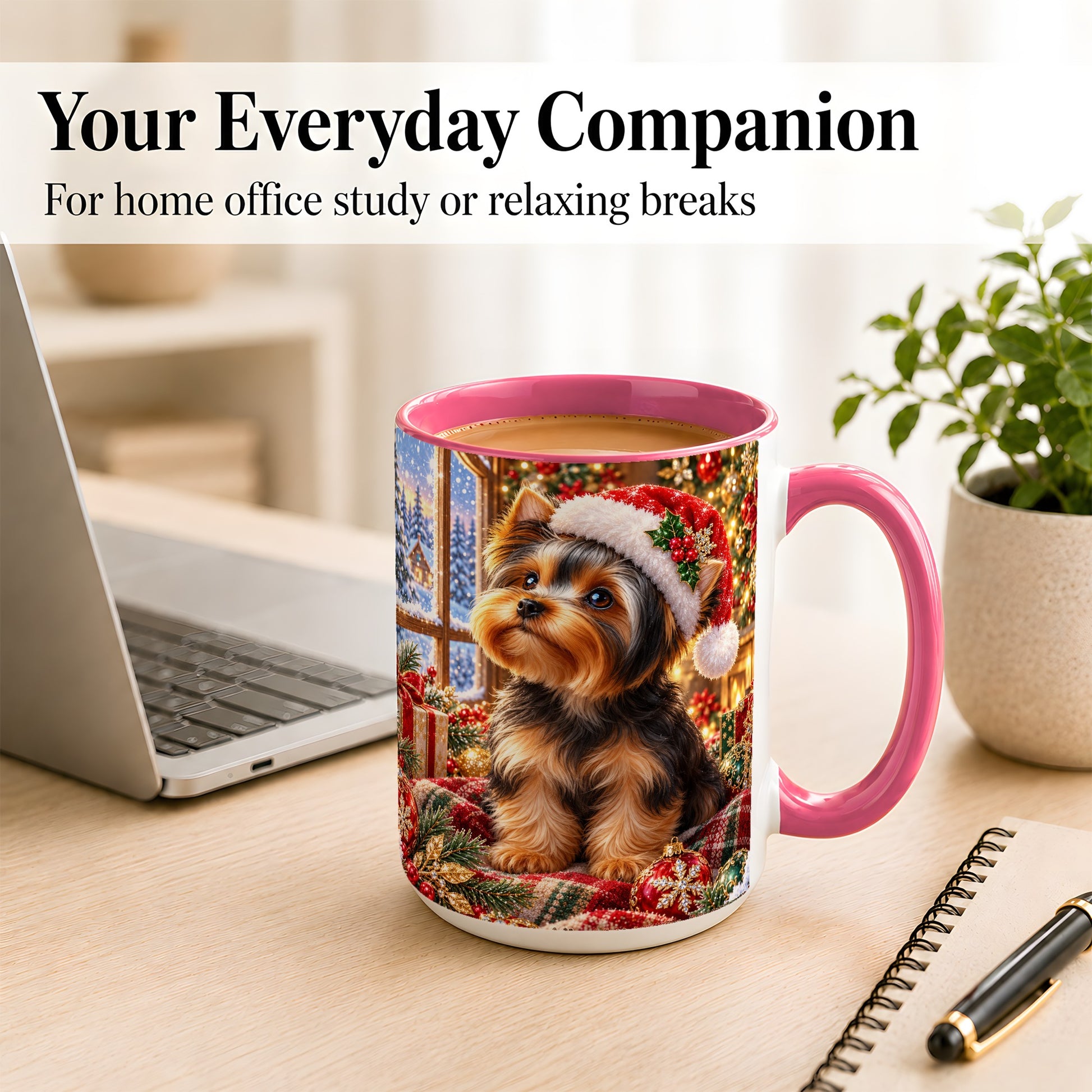 #pl[15oz|Pink] Yorkshire Terrier Santa Coffee Mug, Cozy Christmas Dog Mug, Ceramic Cup