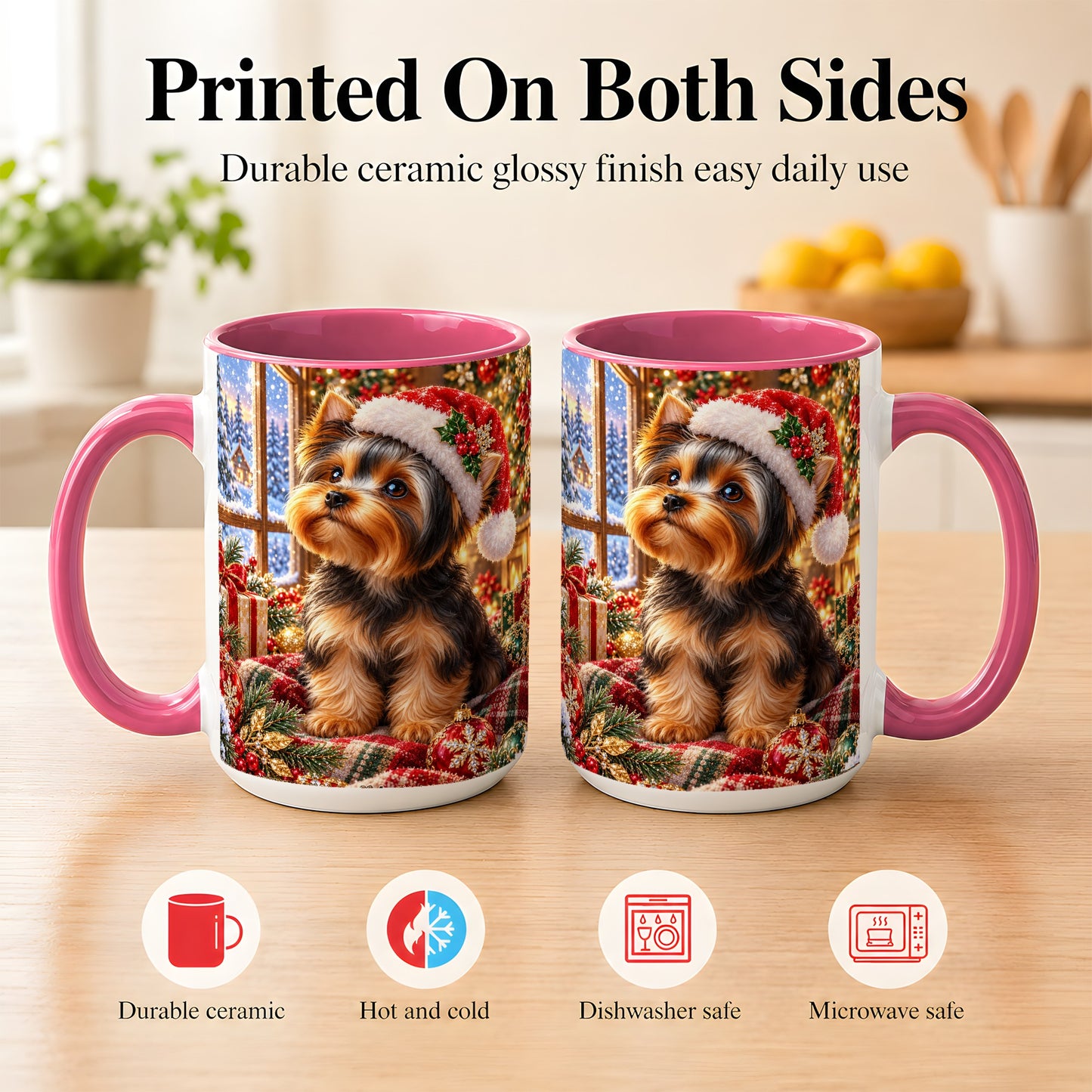 #pl[15oz|Pink] Yorkshire Terrier Santa Coffee Mug, Cozy Christmas Dog Mug, Ceramic Cup