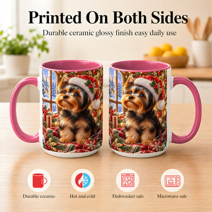 #pl[15oz|Pink] Yorkshire Terrier Santa Coffee Mug, Cozy Christmas Dog Mug, Ceramic Cup