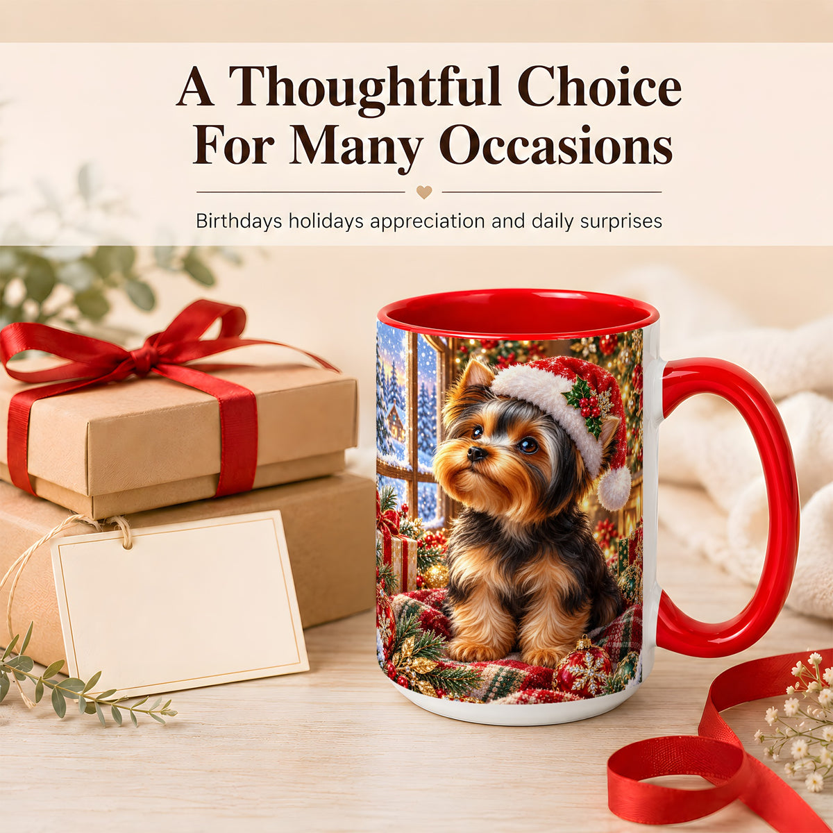 #pl[15oz|Red] Yorkshire Terrier Santa Coffee Mug, Cozy Christmas Dog Mug, Ceramic Cup