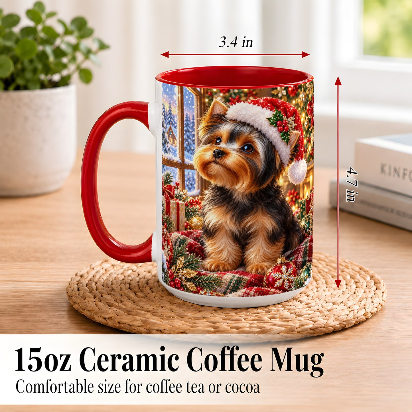 #pl[15oz|Red] Yorkshire Terrier Santa Coffee Mug, Cozy Christmas Dog Mug, Ceramic Cup
