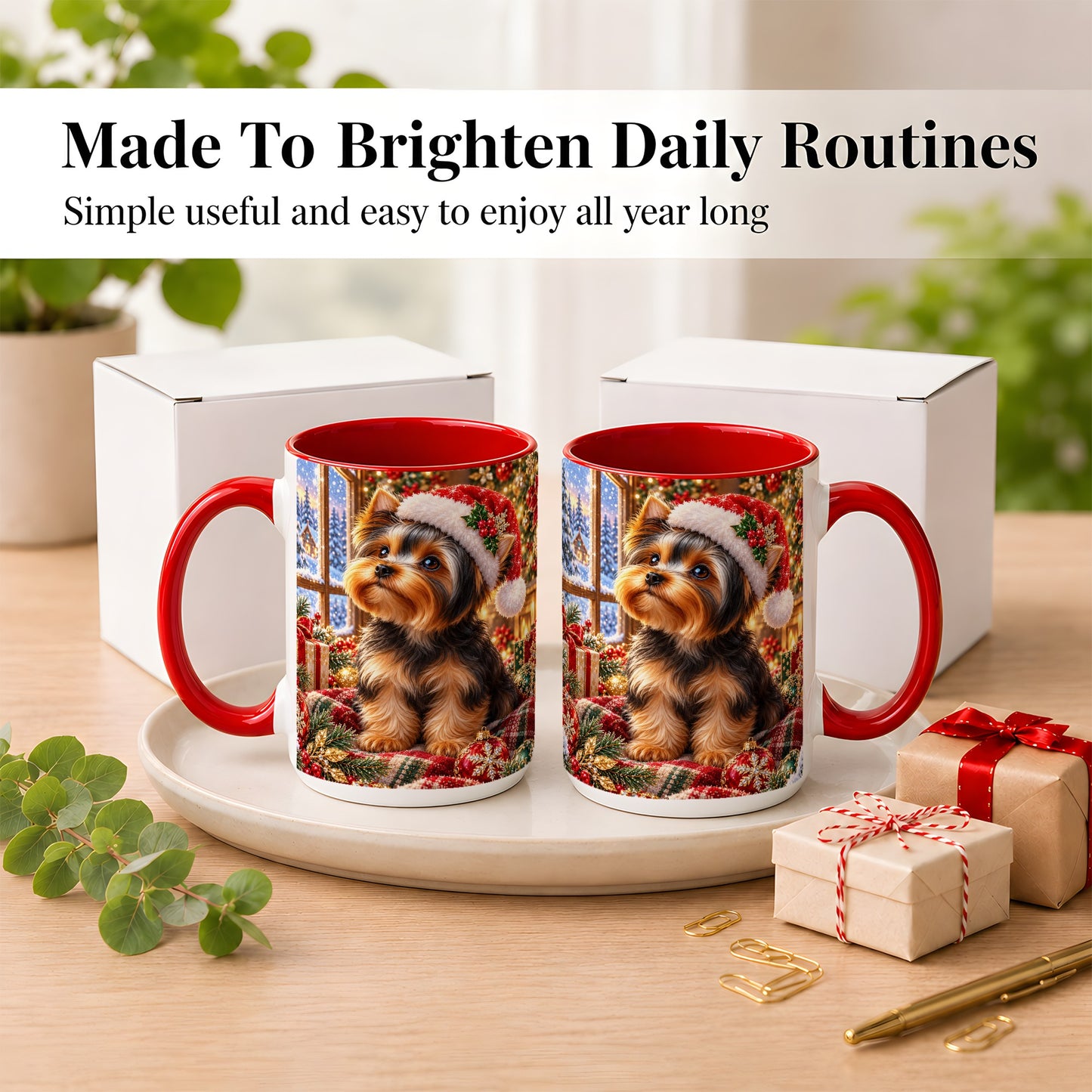 #pl[15oz|Red] Yorkshire Terrier Santa Coffee Mug, Cozy Christmas Dog Mug, Ceramic Cup