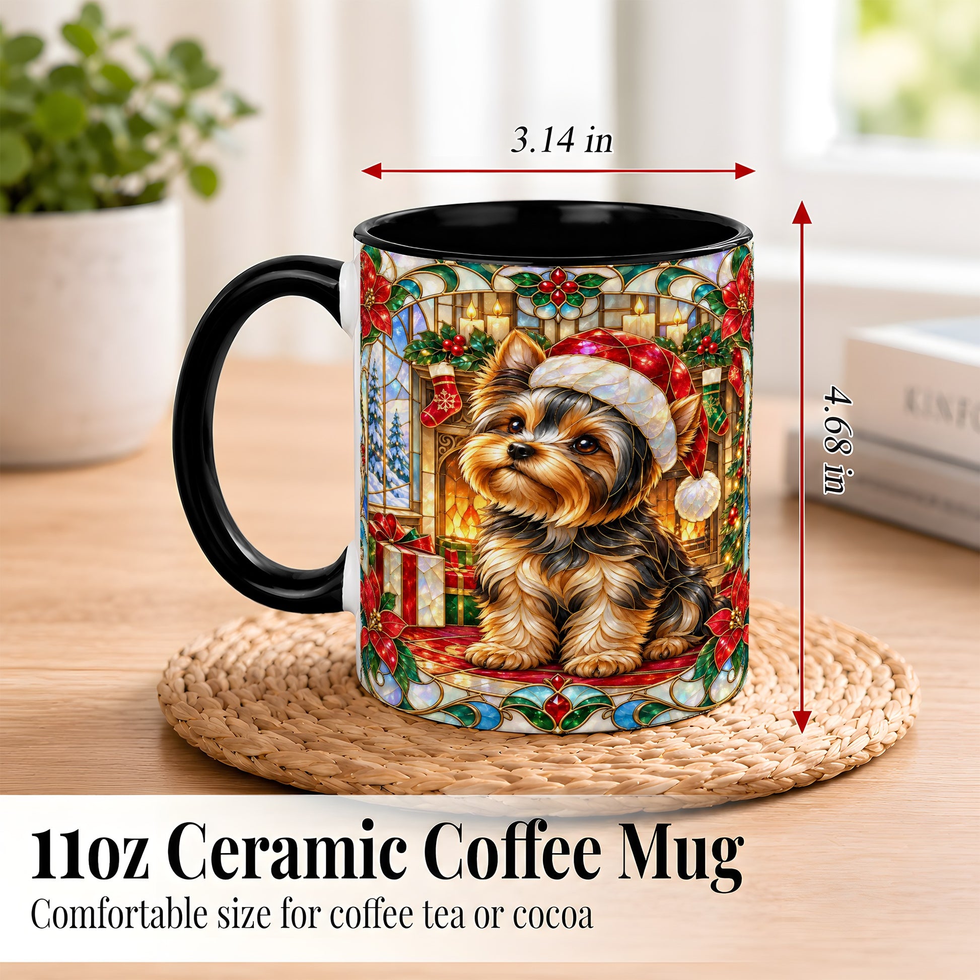 #pl[11oz|Black] Stained Glass Style Yorkie Coffee Mug, Christmas Dog Mug, Ceramic Cup