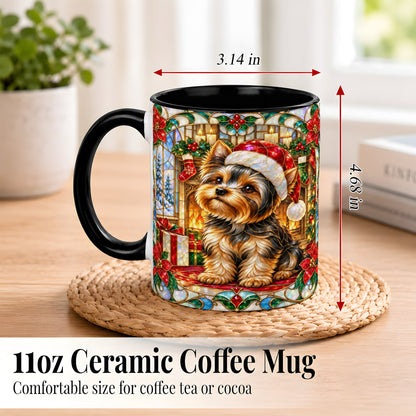#pl[11oz|Black] Stained Glass Style Yorkie Coffee Mug, Christmas Dog Mug, Ceramic Cup