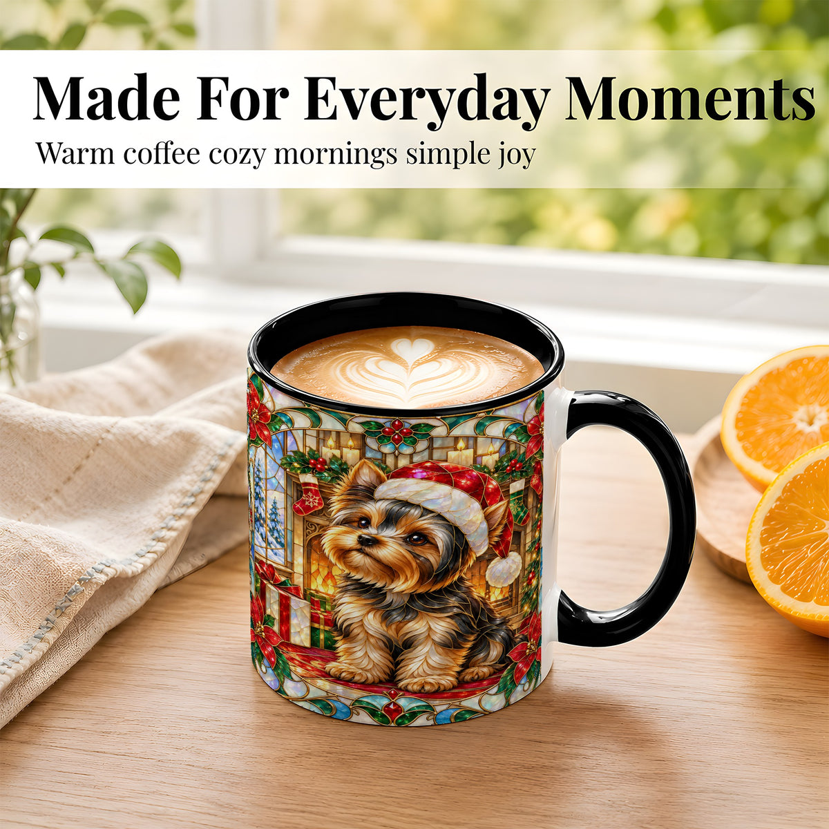 #pl[11oz|Black] Stained Glass Style Yorkie Coffee Mug, Christmas Dog Mug, Ceramic Cup