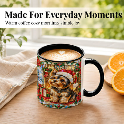 #pl[11oz|Black] Stained Glass Style Yorkie Coffee Mug, Christmas Dog Mug, Ceramic Cup