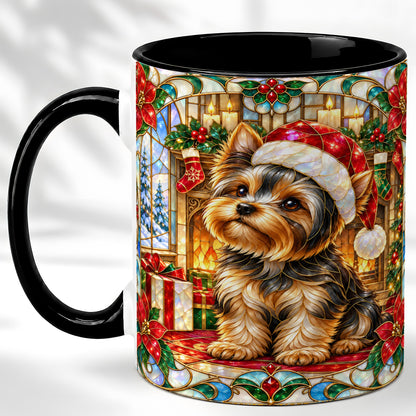 #pl[11oz|Black] Stained Glass Style Yorkie Coffee Mug, Christmas Dog Mug, Ceramic Cup