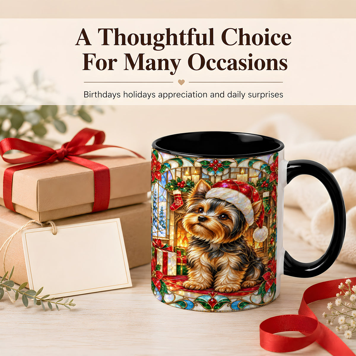 #pl[11oz|Black] Stained Glass Style Yorkie Coffee Mug, Christmas Dog Mug, Ceramic Cup
