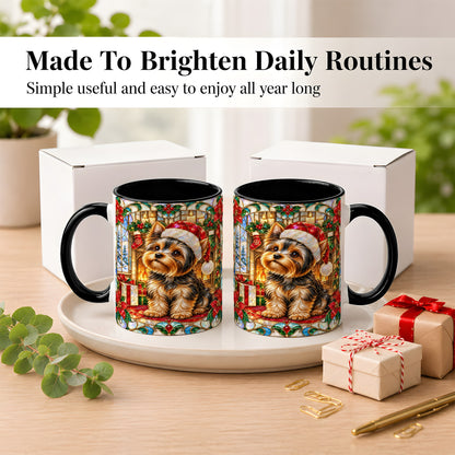 #pl[11oz|Black] Stained Glass Style Yorkie Coffee Mug, Christmas Dog Mug, Ceramic Cup