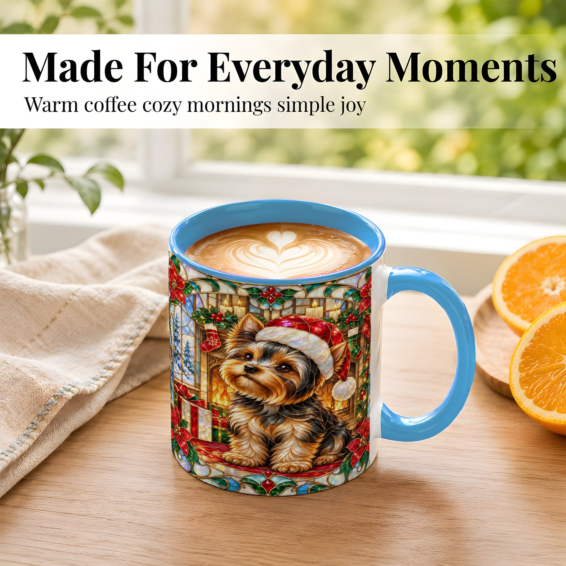 #pl[11oz|Blue] Stained Glass Style Yorkie Coffee Mug, Christmas Dog Mug, Ceramic Cup