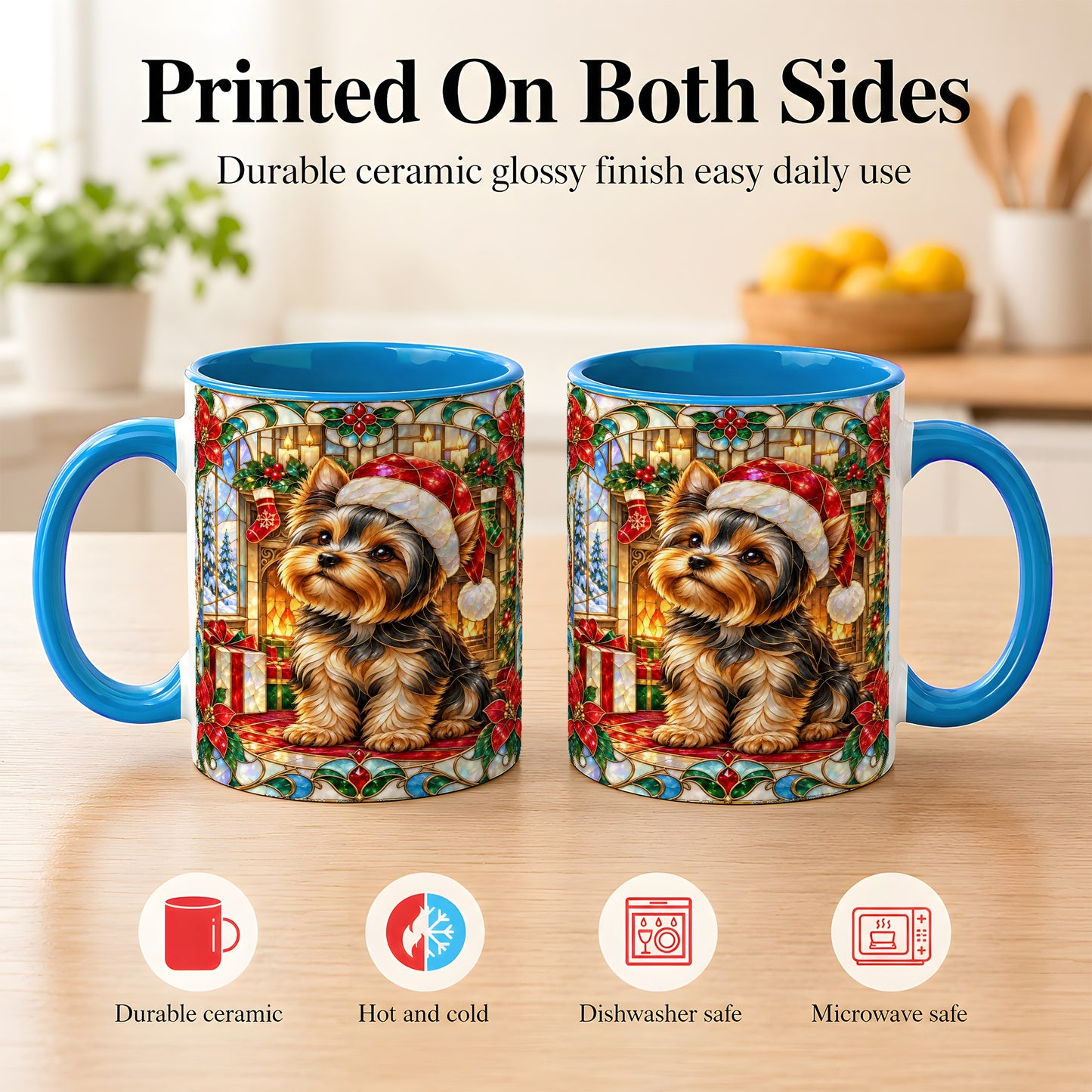 #pl[11oz|Blue] Stained Glass Style Yorkie Coffee Mug, Christmas Dog Mug, Ceramic Cup