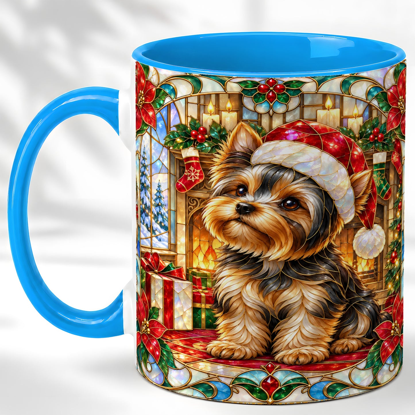 #pl[11oz|Blue] Stained Glass Style Yorkie Coffee Mug, Christmas Dog Mug, Ceramic Cup