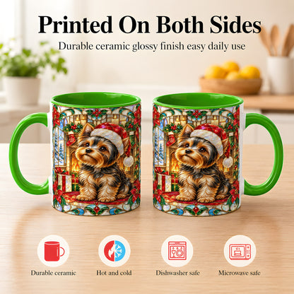 #pl[11oz|Green] Stained Glass Style Yorkie Coffee Mug, Christmas Dog Mug, Ceramic Cup