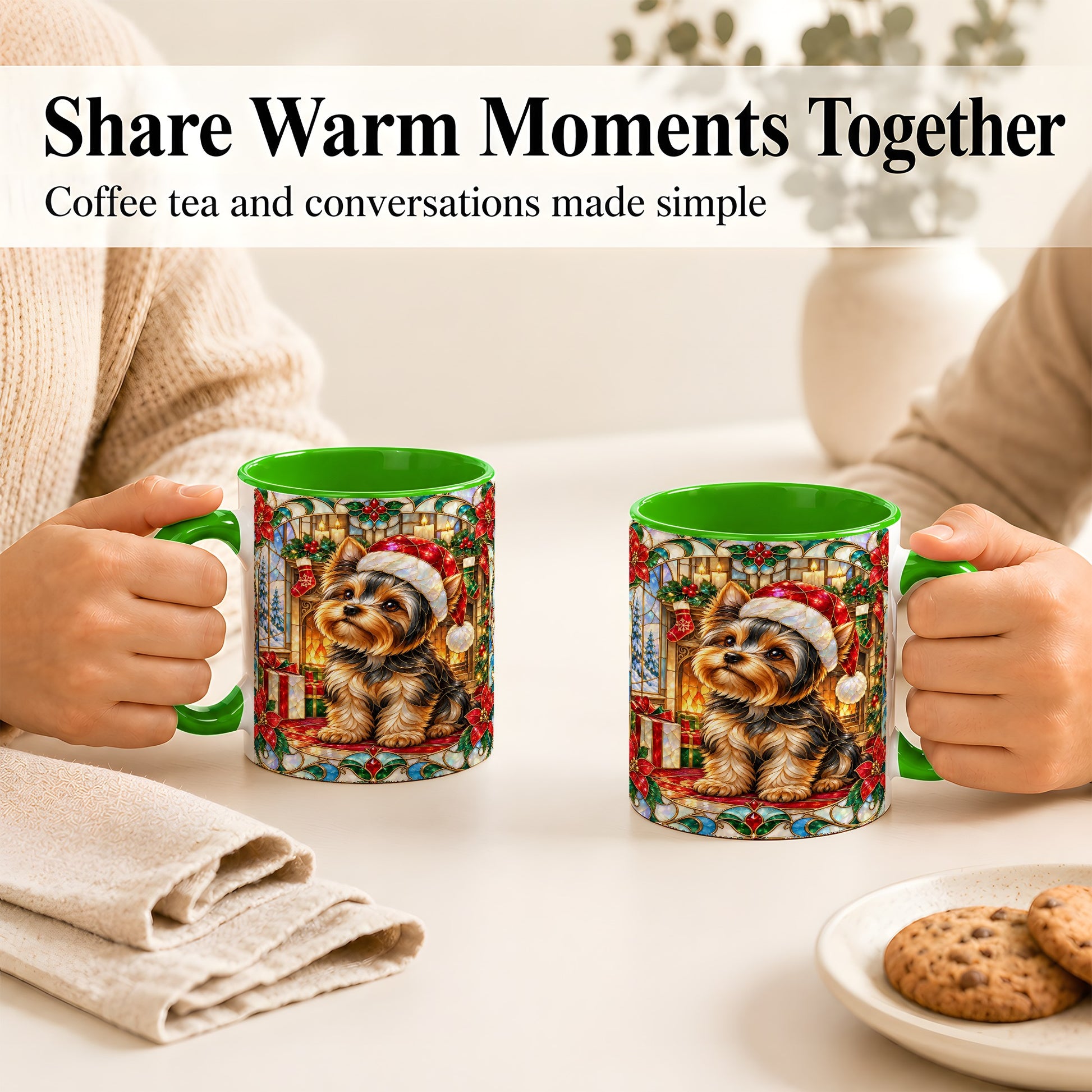 #pl[11oz|Green] Stained Glass Style Yorkie Coffee Mug, Christmas Dog Mug, Ceramic Cup