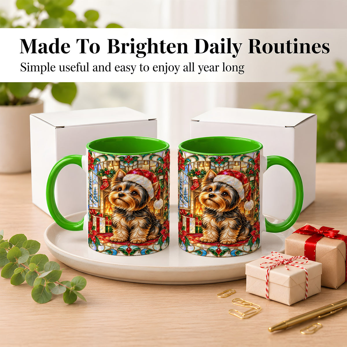 #pl[11oz|Green] Stained Glass Style Yorkie Coffee Mug, Christmas Dog Mug, Ceramic Cup