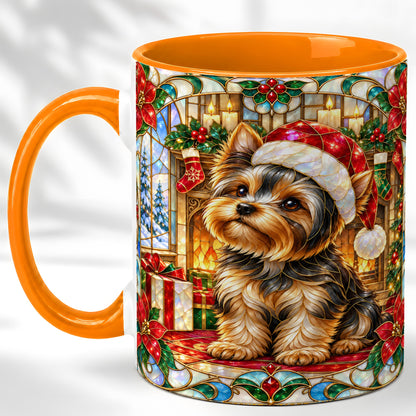 #pl[11oz|Orange] Stained Glass Style Yorkie Coffee Mug, Christmas Dog Mug, Ceramic Cup