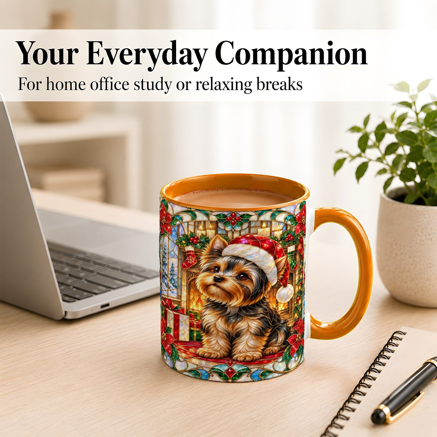 #pl[11oz|Orange] Stained Glass Style Yorkie Coffee Mug, Christmas Dog Mug, Ceramic Cup