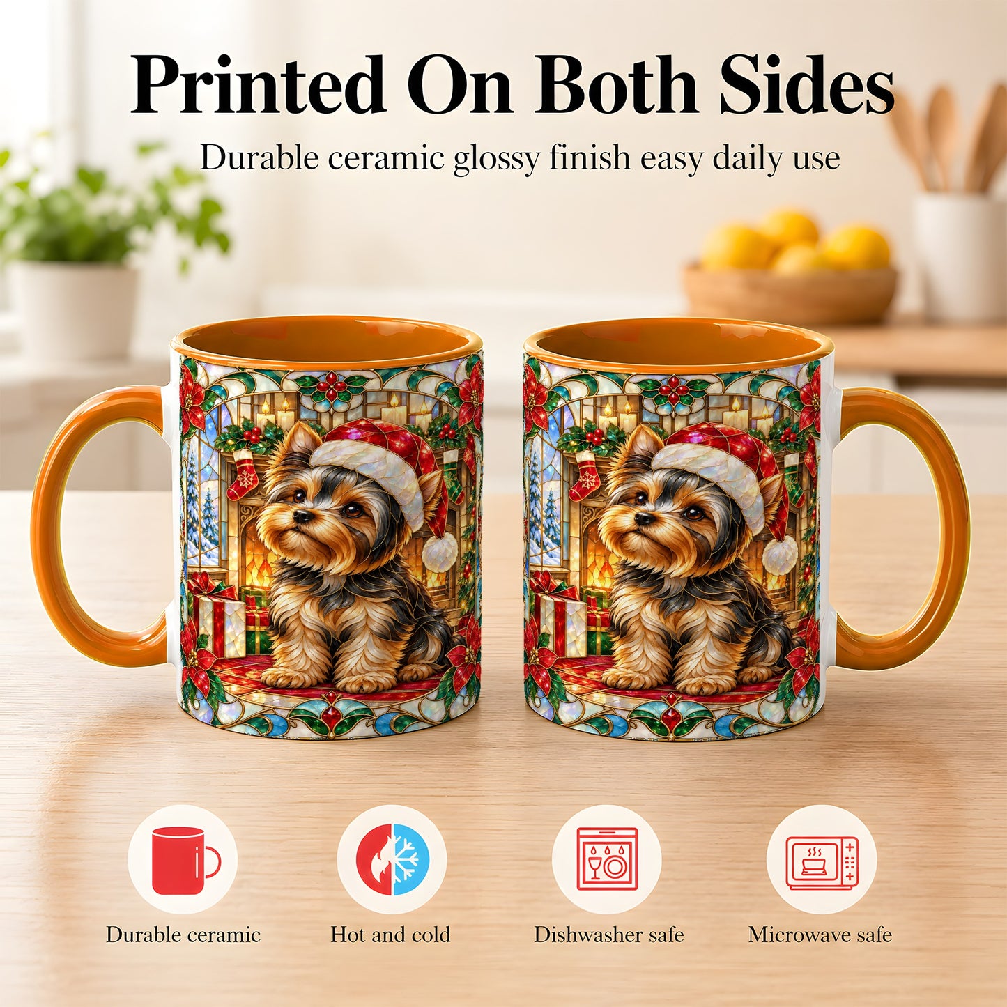 #pl[11oz|Orange] Stained Glass Style Yorkie Coffee Mug, Christmas Dog Mug, Ceramic Cup