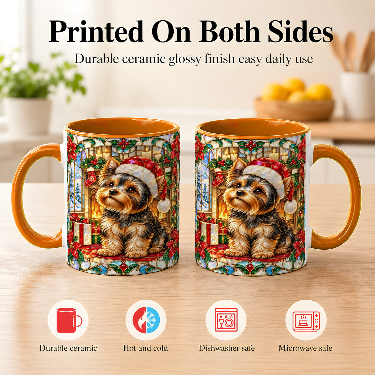 #pl[11oz|Orange] Stained Glass Style Yorkie Coffee Mug, Christmas Dog Mug, Ceramic Cup