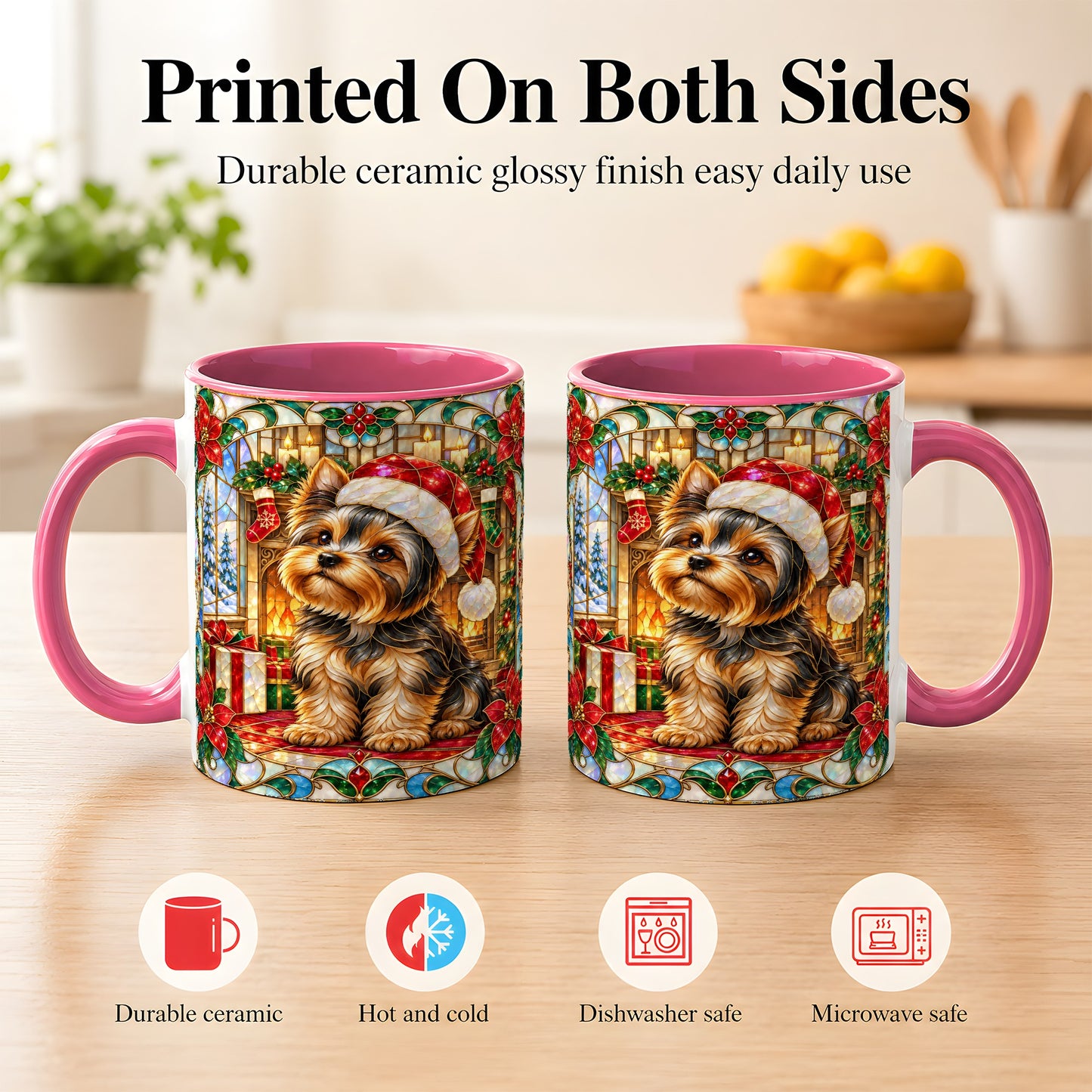 #pl[11oz|Pink] Stained Glass Style Yorkie Coffee Mug, Christmas Dog Mug, Ceramic Cup