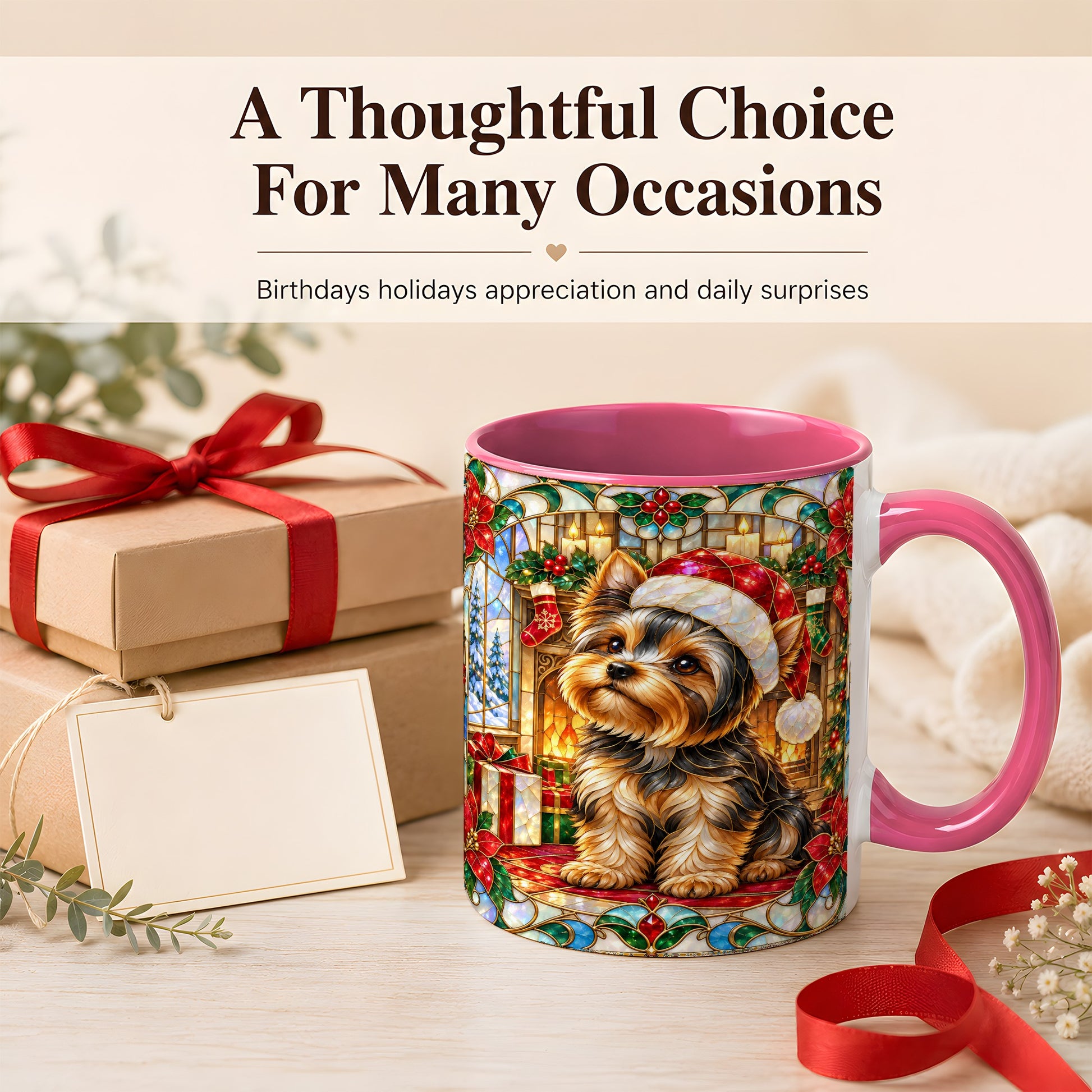 #pl[11oz|Pink] Stained Glass Style Yorkie Coffee Mug, Christmas Dog Mug, Ceramic Cup