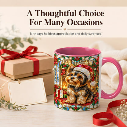 #pl[11oz|Pink] Stained Glass Style Yorkie Coffee Mug, Christmas Dog Mug, Ceramic Cup