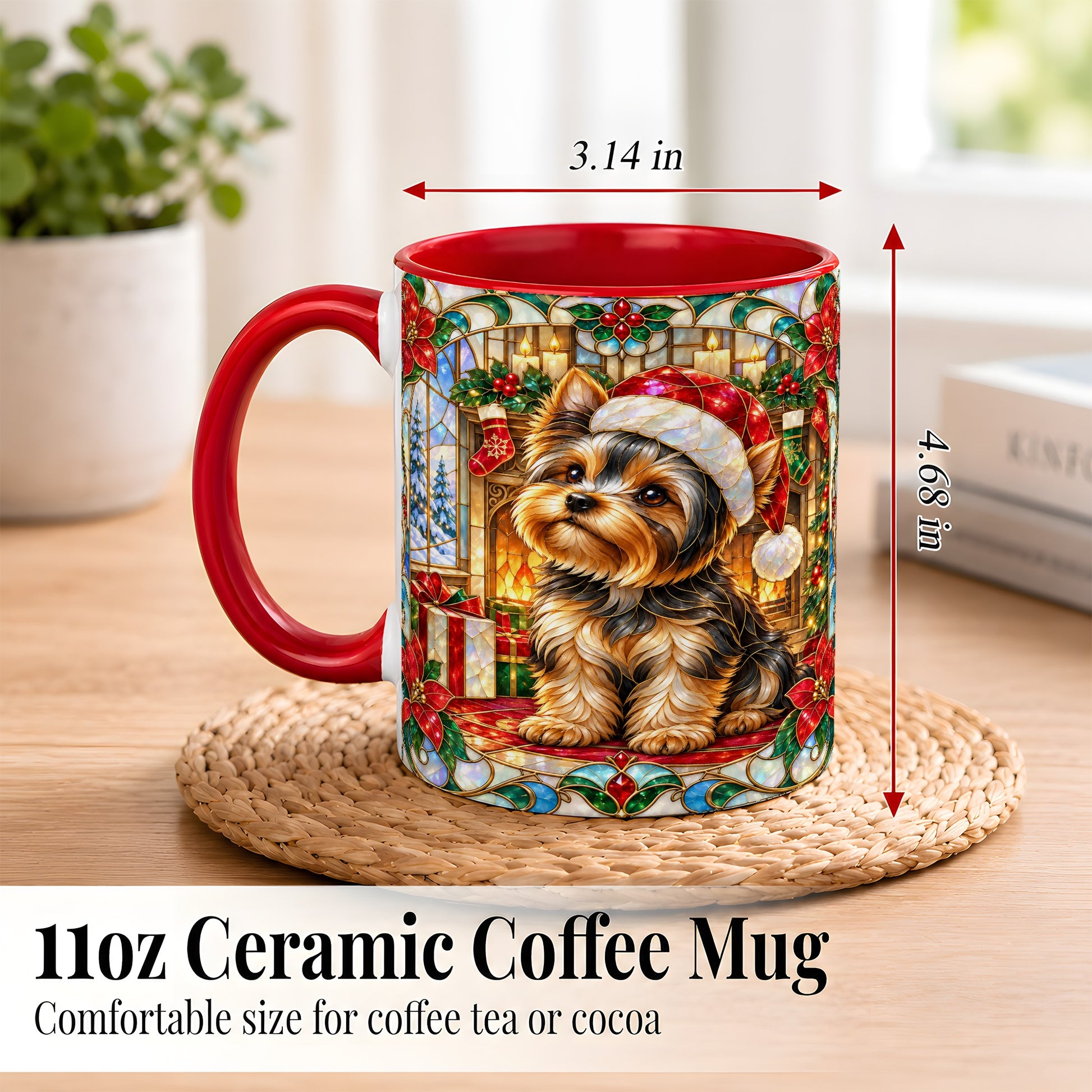 #pl[11oz|Red] Stained Glass Style Yorkie Coffee Mug, Christmas Dog Mug, Ceramic Cup